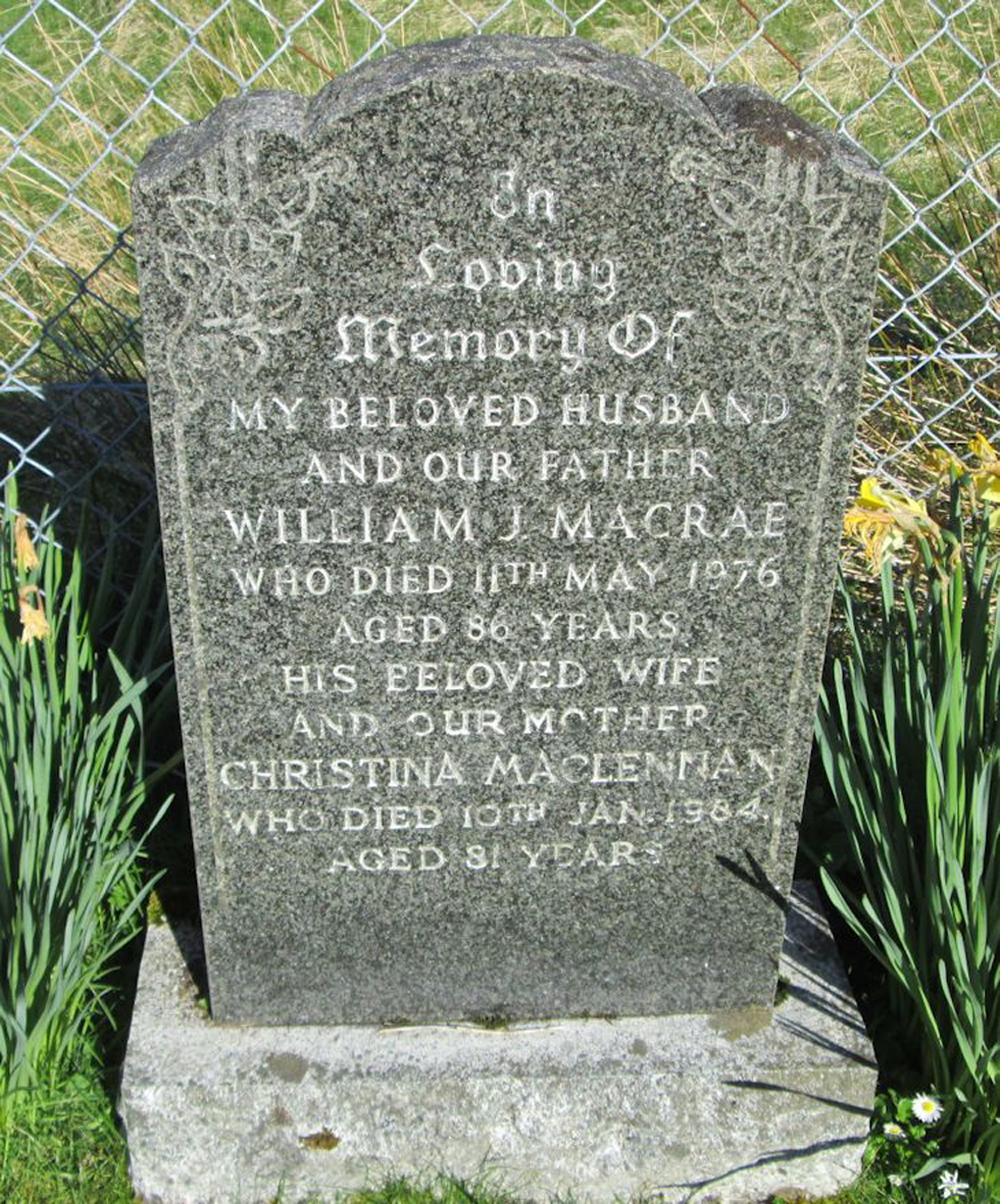 Photo of headstones/Christina MacLennan (MacRae) died 1984 MI Edinbane, Duirinish